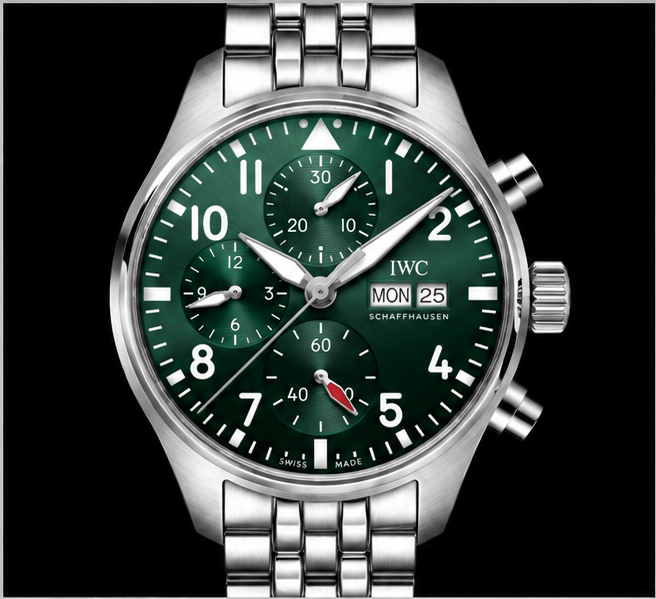 iwc pilot's watch chronograph quadrante verde bracciale acciaio