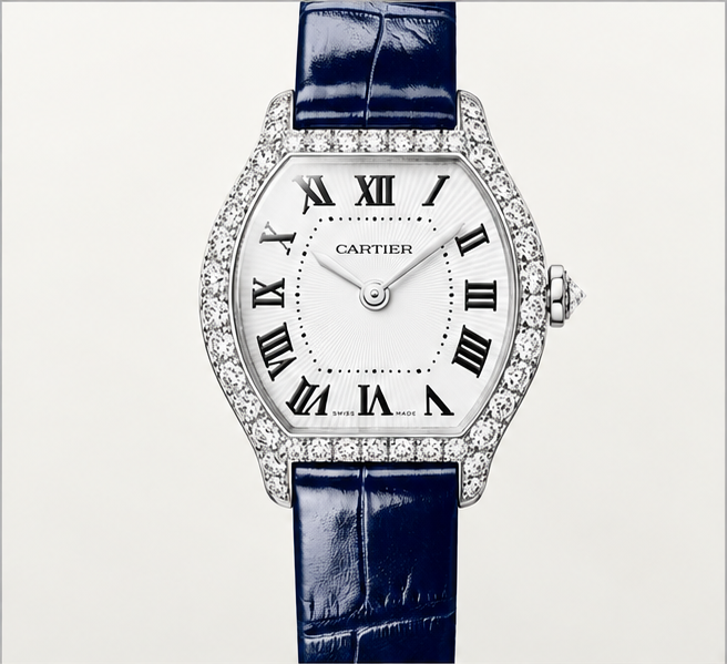 cartier tortue diamanti quadrante argentato cinturino blu