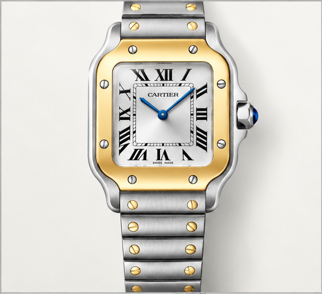 cartier santos bicolore acciaio e oro quadrante argentato
