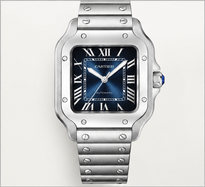 cartier santos automatico acciaio quadrante blu