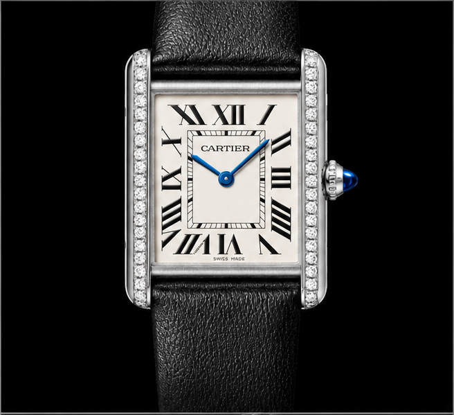 cartier tank con diamanti e cinturino nero
