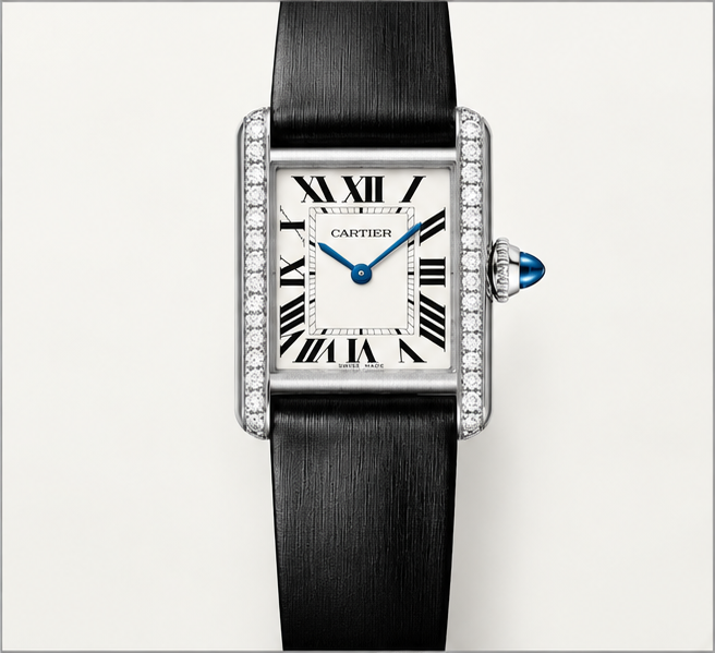 cartier tank diamanti cinturino nero quadrante argento