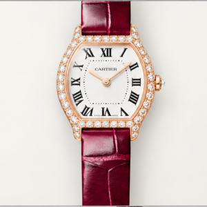 cartier coussin piccolo oro rosa diamanti cinturino bordeaux