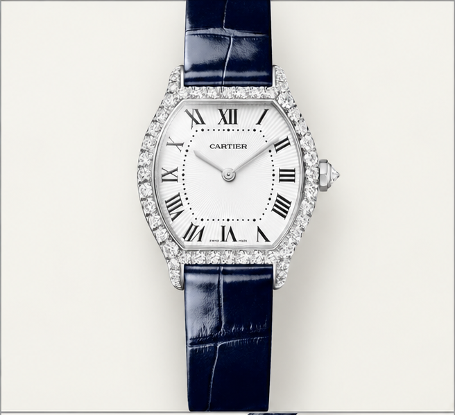 cartier coussin diamanti quadrante argento cinturino blu