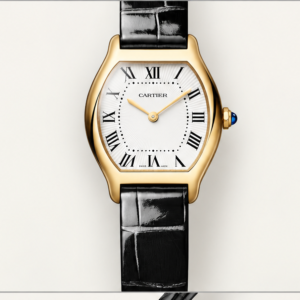 cartier tortue oro giallo quadrante bianco cinturino nero