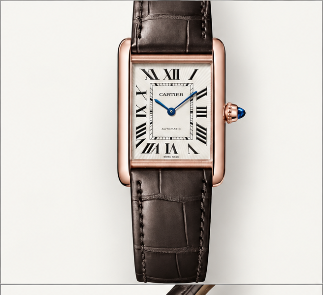 cartier tank louis cartier automatico oro rosa cinturino marrone