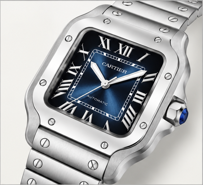 cartier santos automatico acciaio quadrante blu