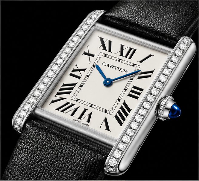 cartier tank con diamanti e cinturino nero