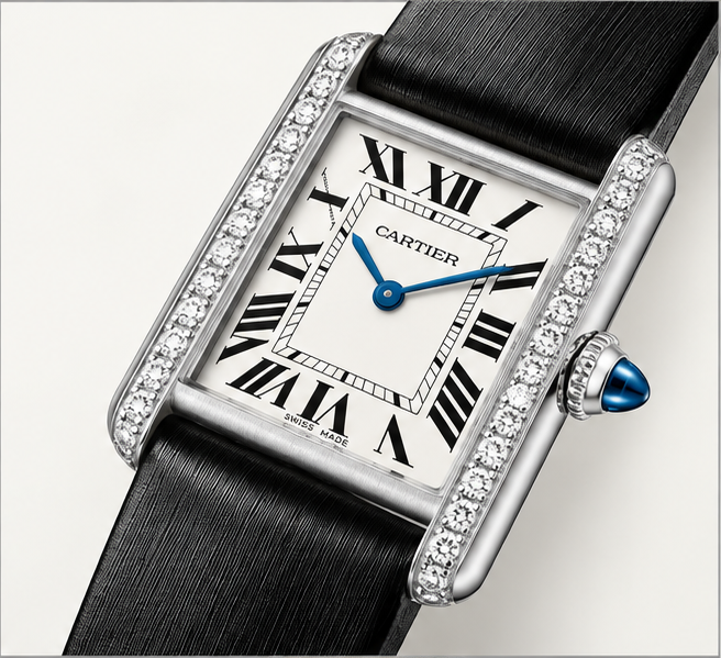 cartier tank diamanti cinturino nero quadrante argento