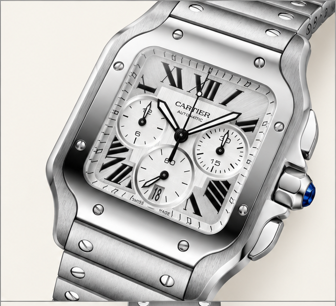 cartier santos chronograph automatico acciaio quadrante argento
