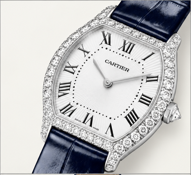 cartier coussin diamanti quadrante argento cinturino blu