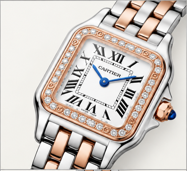 cartier panthère bicolore quadrante bianco con lunetta pietre
