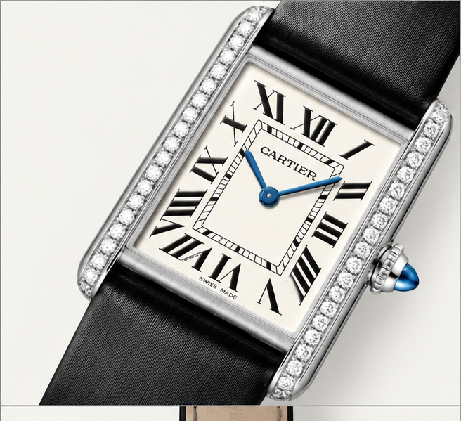 cartier tank cassa con pietre cinturino nero