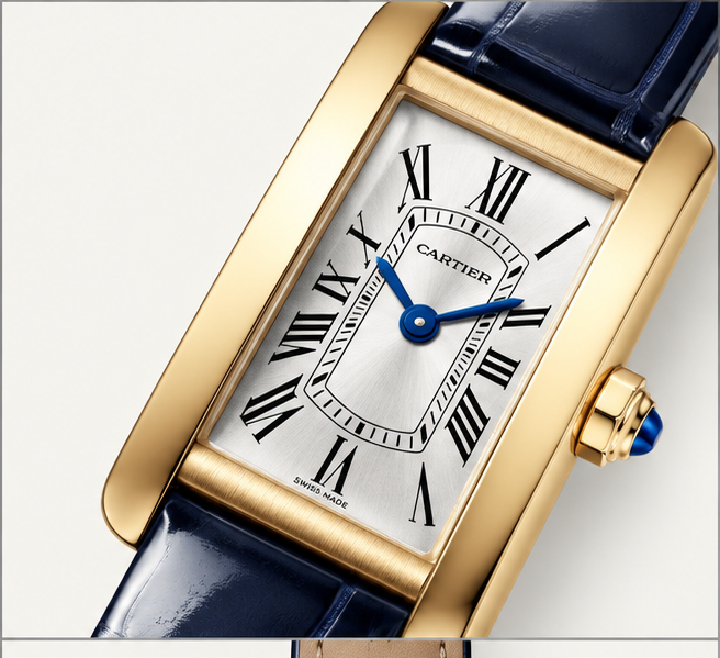 cartier tank allongée oro giallo cinturino blu
