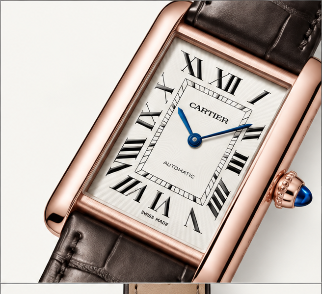 cartier tank louis cartier automatico oro rosa cinturino marrone