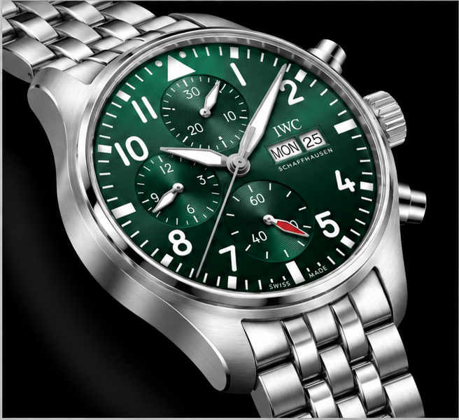 iwc pilot's watch chronograph quadrante verde bracciale acciaio