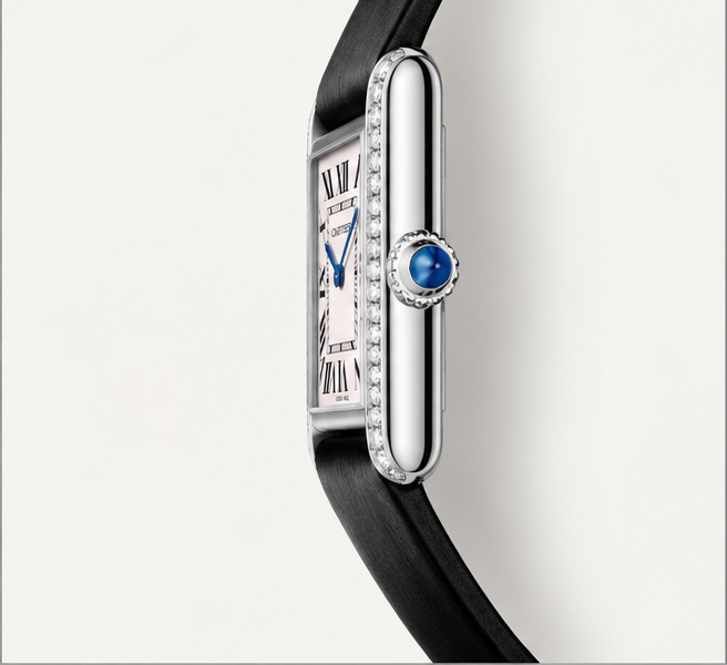 cartier tank cassa con pietre cinturino nero