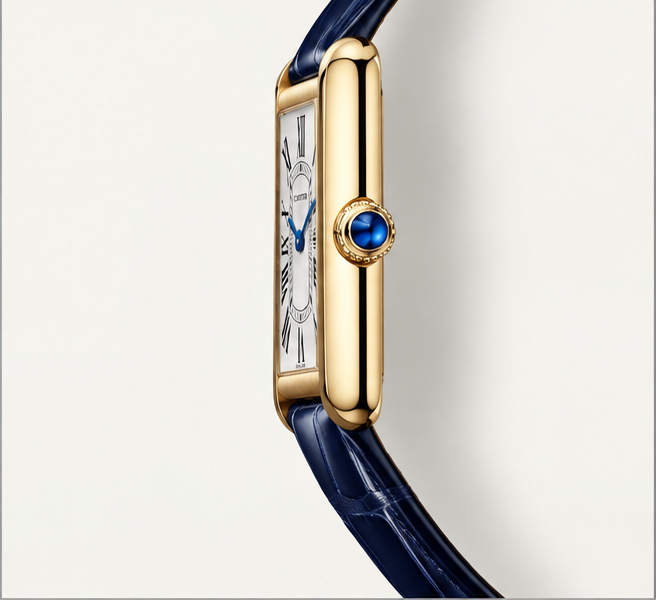 cartier tank allongée oro giallo cinturino blu