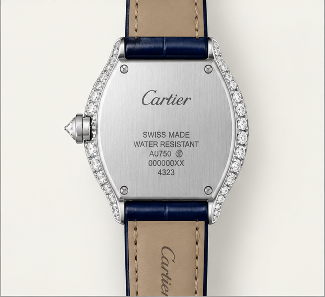 cartier coussin diamanti quadrante argento cinturino blu