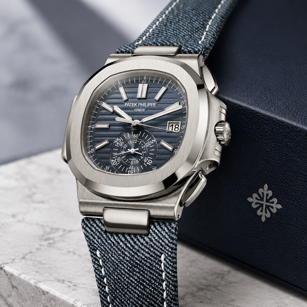 Patek Philippe Nautilus Cronografo Quadrante Blu Cinturino Tessuto - immagine 2