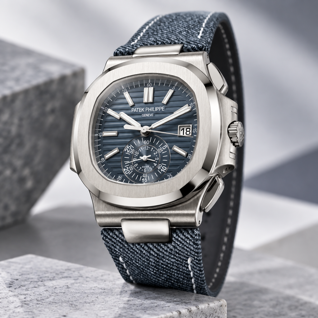 Patek Philippe Nautilus Cronografo Quadrante Blu Cinturino Tessuto - immagine 4