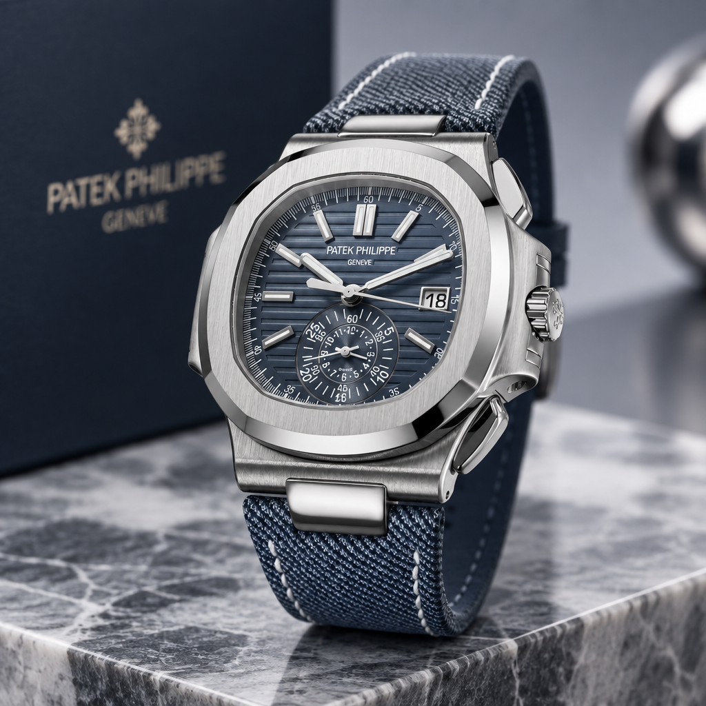 Patek Philippe Nautilus Cronografo Quadrante Blu Cinturino Tessuto - immagine 3