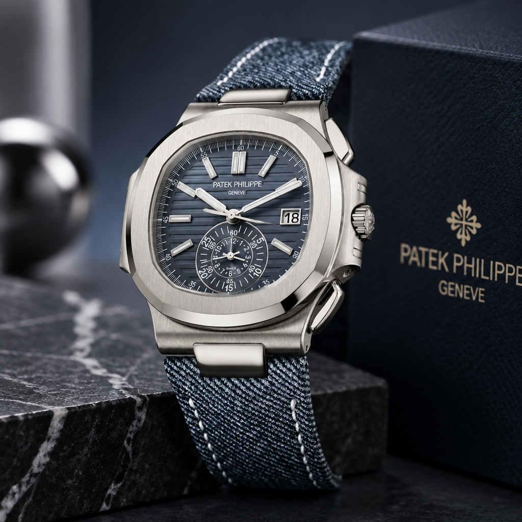Patek Philippe Nautilus Cronografo Quadrante Blu Cinturino Tessuto